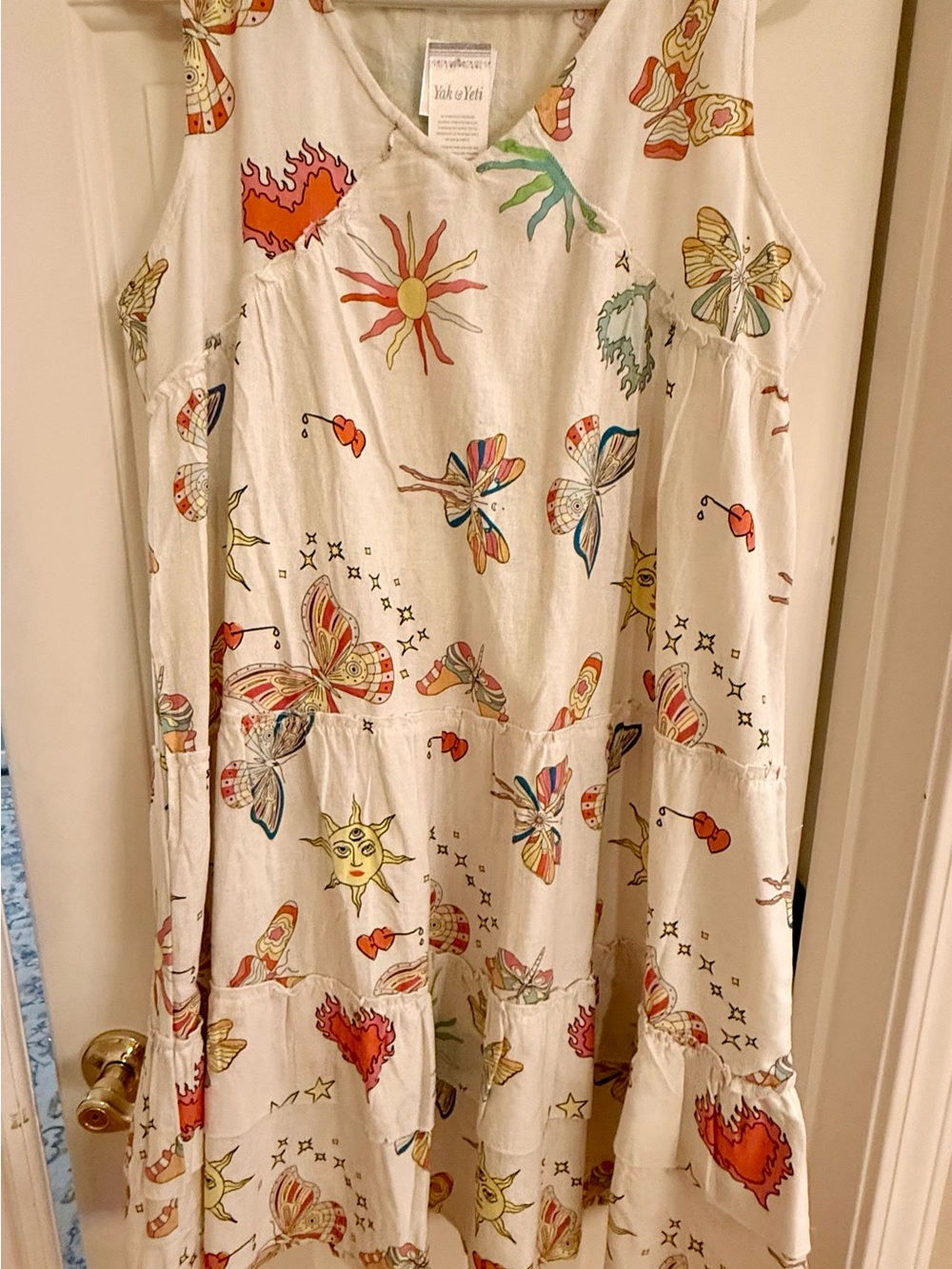 Yak & Yeti Sleeveless White Butterfly & Floral Tiered Dress